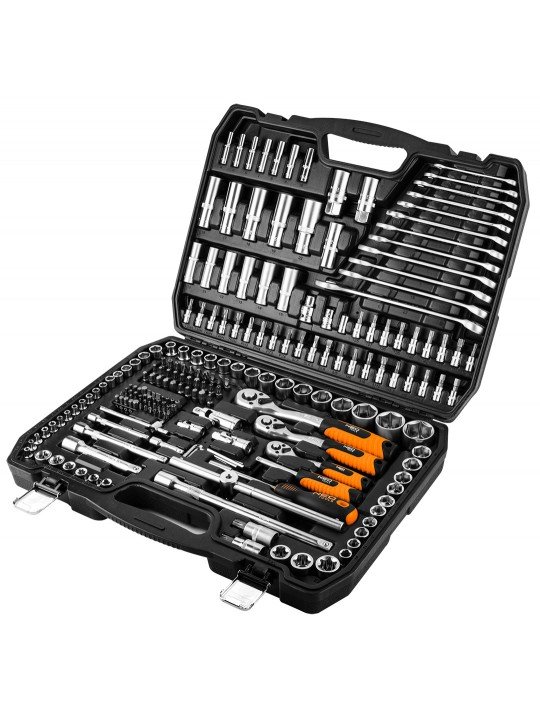 Galvučių rinkinys 216 vnt., 1/2, 3/8, 1/4  galvutės nuo 4 iki 32mm, raktai nuo 8 iki 19 mm