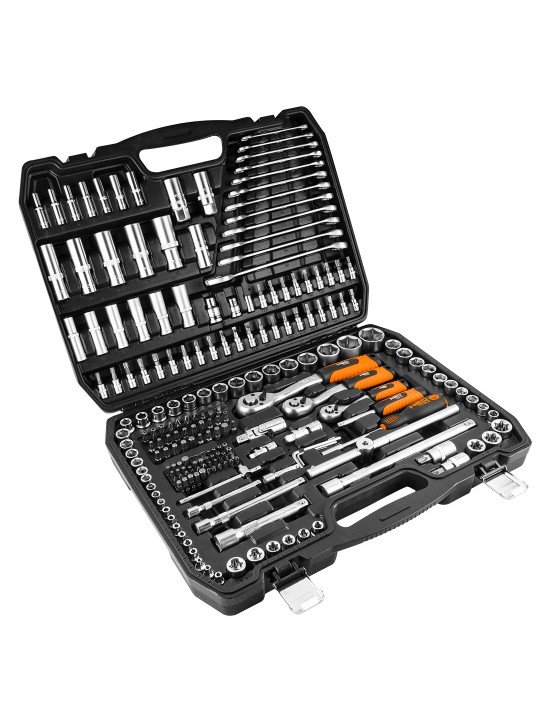 Galvučių rinkinys 216 vnt., 1/2, 3/8, 1/4  galvutės nuo 4 iki 32mm, raktai nuo 8 iki 19 mm
