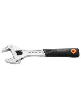 Reguliuojama raktas 6 , 150mm - BUSReguliuojama raktas 6 , 150mm - Adjustable wrench, forged, metric scale, head offset 22°, indicated optimum working direction, CrV steel, DIN3117, handle coated with plastic resistant to greases and oils NEO adjustable w