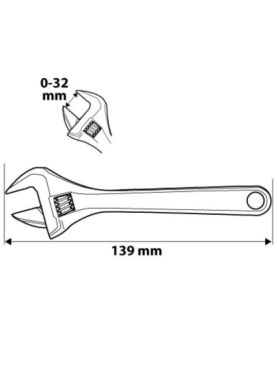 Reguliuojama raktas trumpas 139 mm, diapazonas 0-32 mm