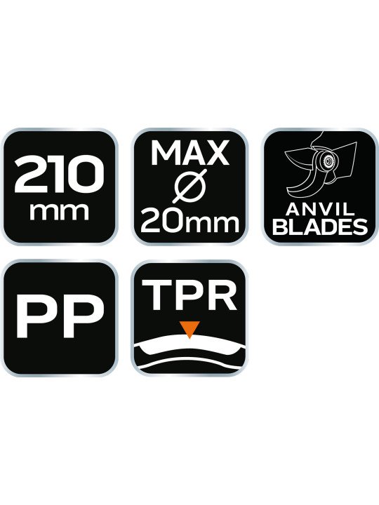 Antkakl žirklės 210 mm, diap iki 20 mm, medž: PP, TPR guma dengta rankena