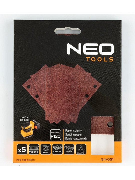 „Velcro“ šlifavimo popierius, stačiakampis 80 x 130 mm, P120, 5 vnt, su 8 skylėmis 04-623