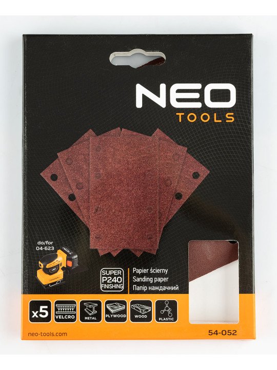 „Velcro“ šlifavimo popierius, stačiakampis 80 x 130 mm, p240, 5 vnt, su 8 skylėmis 04-623