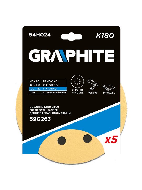 Šlifavimo popierius su „Velcro“ tvirtinimu 180 mm, K180, 5 vnt, su 8 skylutėmis šlifavimo mašinai 59G263