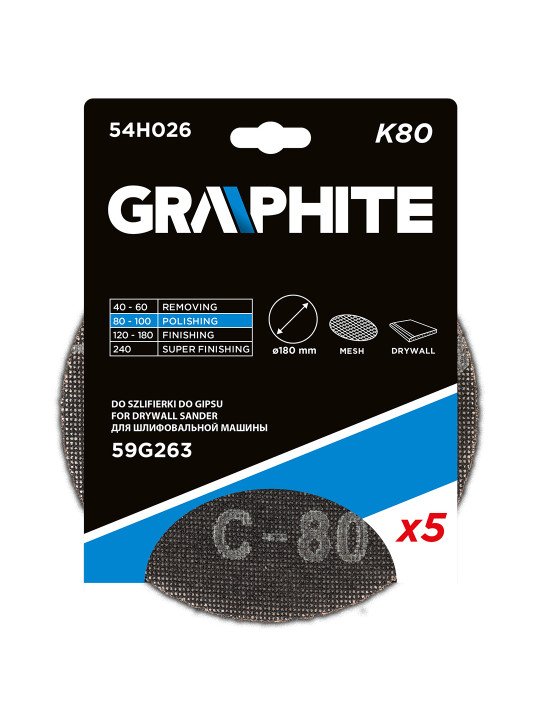 Gipso šlifavimo grotelės su Velcro 180 mm, K80, 5vnt šlifuokliui 59G263