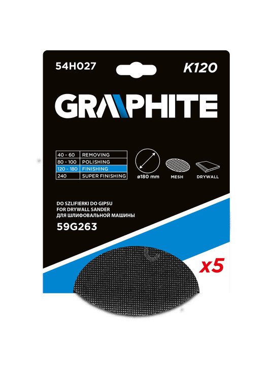 Gipso šlifavimo grotelės su Velcro 180 mm, K120, 5vnt šlifuokliui 59G263