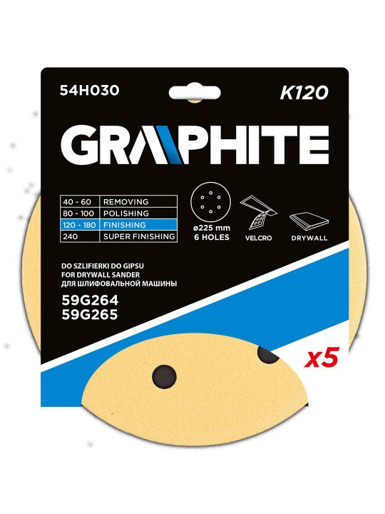 Šlifavimo popierius su lipduku 225 mm, K120, 5 vnt., su 6 skylutėmis šlifuokliui 59G264, 59G265