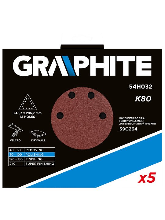 Velcro šlifavimo popierius K80, trikampis su 12 skylių, 5vnt šlifuokliui 59G264