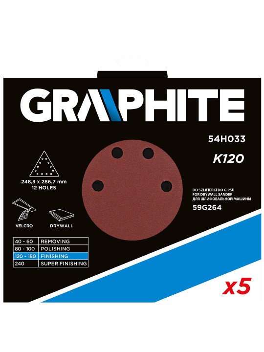 Velcro šlifavimo popierius K120, trikampis su 12 skylių, 5vnt šlifuokliui 59G264