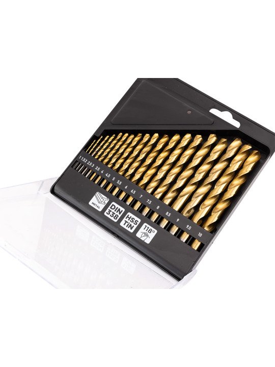 HSS TiN metalo grąžtas, 1 - 10 mm, nustatytas 19 vnt.