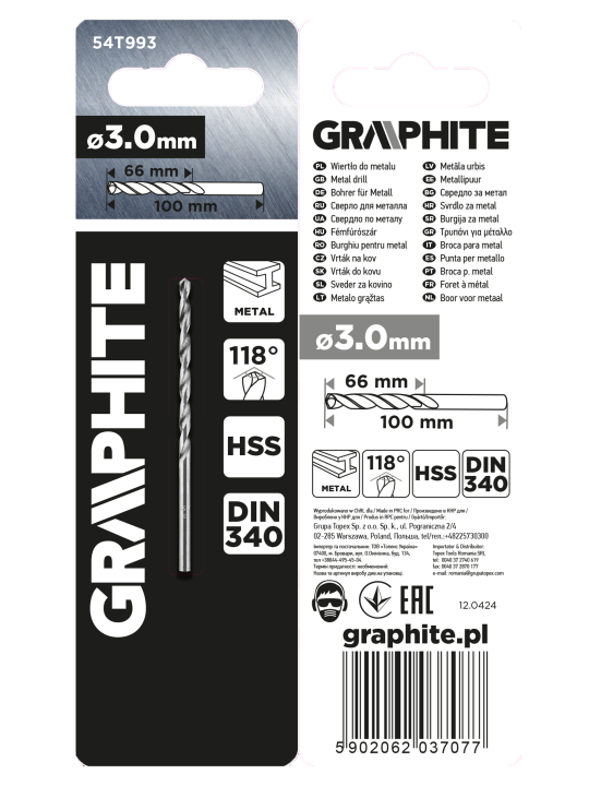 HSS metalinis grąžtas, DIN 340, prailgintas, 3 mm