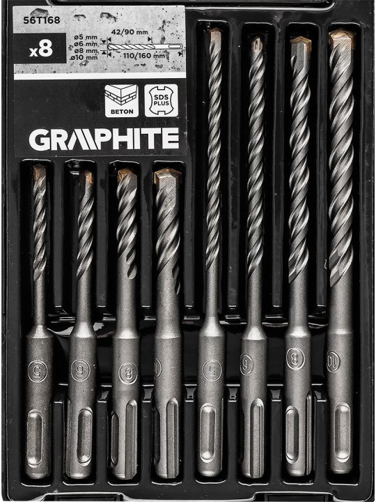 SDS plius betono grąžto Antgaliukų rinkinys su dviguba spiralė 5, 6, 8, 10 x 110 mm, 5, 6, 8, 10 x 160 mm