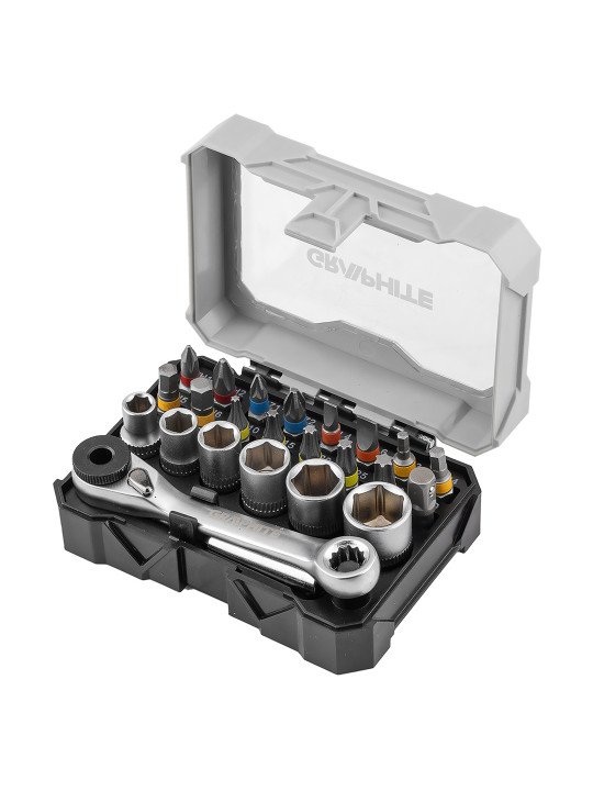 25 mm bitų ir lizdų rinkinys su reketu ir 60 mm magnetinio laikiklio, 24 vienetų.