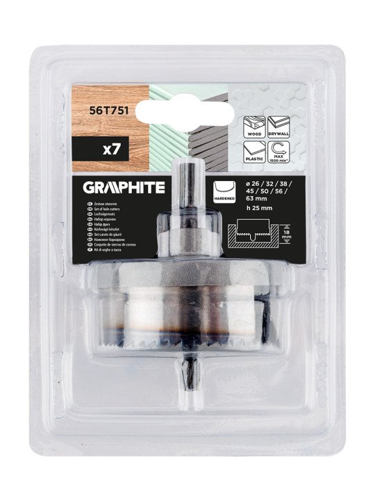 Medienos skylių pjaustyklės 26–63 mm, H 25 mm, sukietėti dantys, 7 vnt