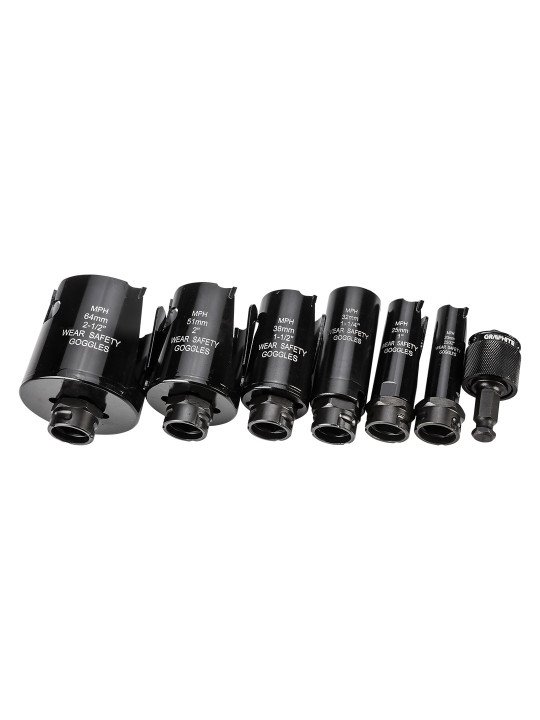 Plieniniai skylių pjūklai su karbido antgaliais (19, 25, 32, 38, 38, 51, 64 mm), 10 dalių rinkinys.
