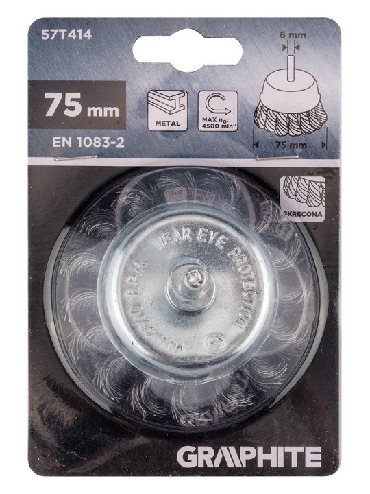 Vielinis šepetys kuginis 75 mm, susukta plieninė viela, su 6 mm blauzdos