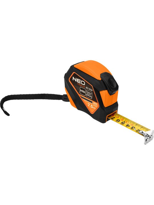 Plieninė ruletė 7,5 m x 25 mm, automatinis užraktas, stabdymo mygtukas, magnetas