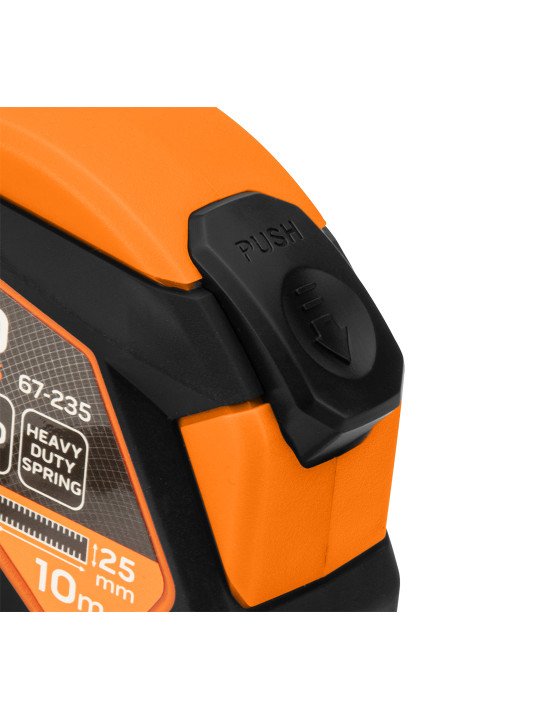 Plieninė ruletė 10 m x 25 mm, automatinis užraktas, stabdymo mygtukas, magnetas