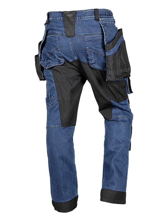 Darbinės kelnės DENIM, sutvirtintos Cordura audiniu, nuimamos kišenės dėklams, tamsiai mėlynos, dydis S