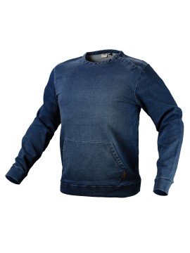Darbinis džemperis DENIM, dydis L - Darbinis džemperis DENIM, 77 medvilnė, 21 poliesteris, 2 elastanas, 380 gsm, trikotažinis džinsinis audinys, užsegimas užtrauktuku paslėptas po kloste, talpi kišenė, vidinė etiketė su pavadinimu, unikalus nuosavas dizai
