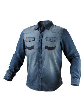 Darbinai marškiniai, DENIM, dydis S - Darbo marškiniai DENIM, 100  medvilnė, 140 gsm, Oksfordo sutvirtinimai ant alkūnių ir kišenių, metalinės sagos, vidinė etiketė su pavadinimu, unikalus nuosavas dizainas, CE sertifikatas, atitiktis EN ISO 13688:2015Dar