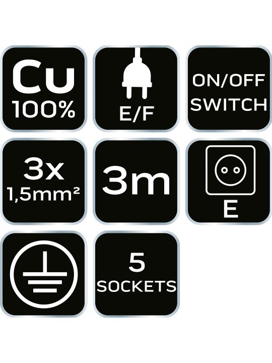 Prailginamasis laidas 3m, 3x1,5mm2, 5G, baltas, ON/OFF