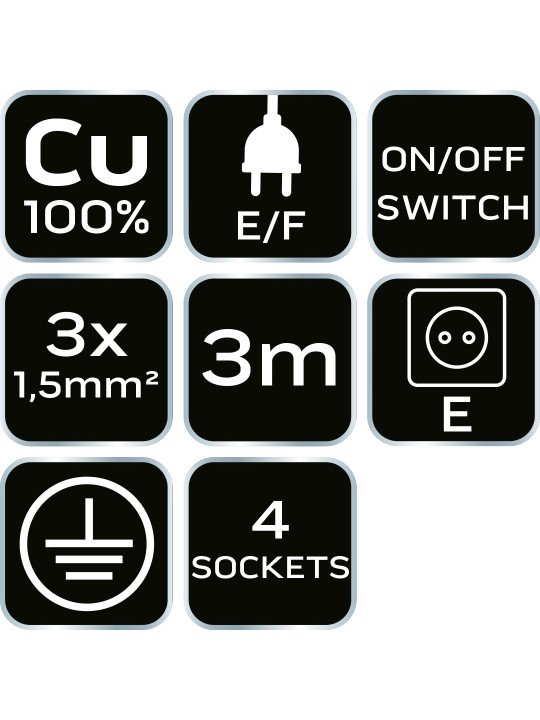 Prailginamasis laidas 3m, 3x1,5mm2, 4G, juodas, ON/OFF