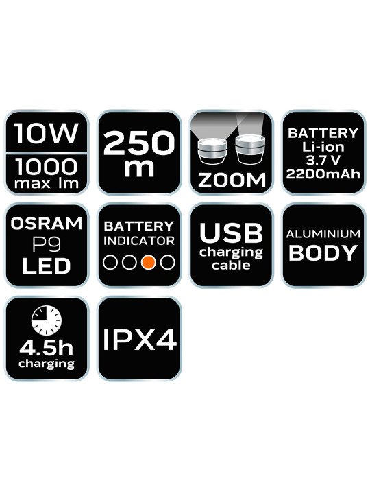 Žibintuvėlis įkraunamas USB 1000lm OSRAM P9 LED