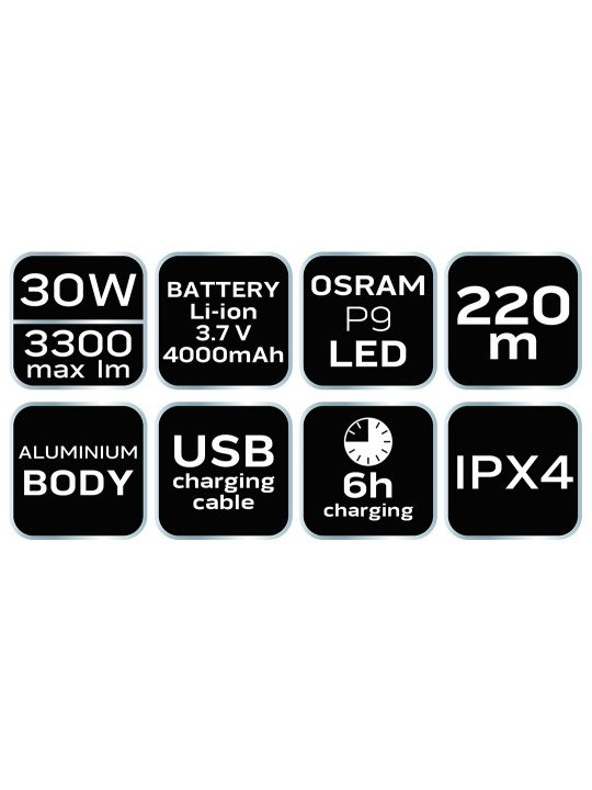 Žibintuvėlis įkraunamas USB 3300 lm, OSRAM P9 LED