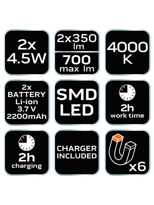 Dirbtuvių lempa įkraunama 2x350 lm sulankstoma SMD