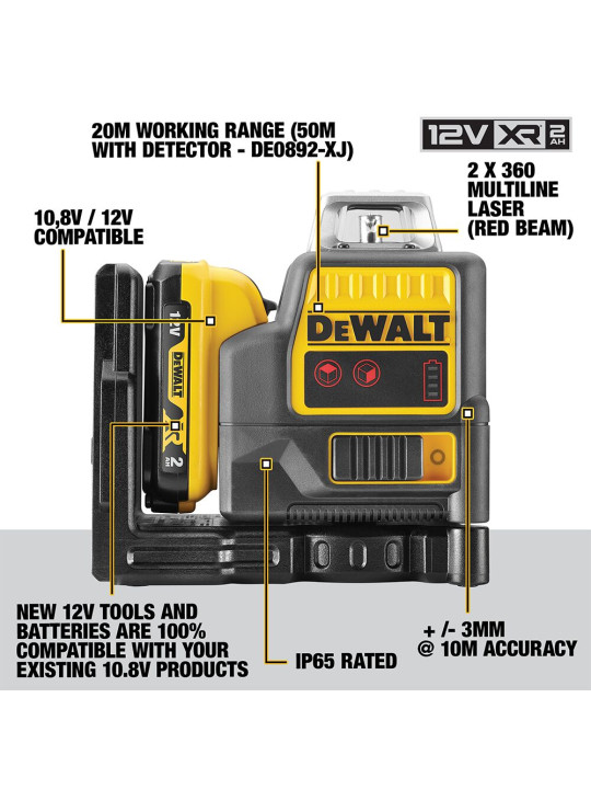 Lazerinis nivelyras (raudonas) 12V  2x360 spinduliai DCE0811D1R-QW DeWALT