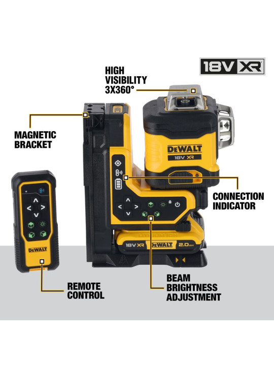 Lazerinis nivelyras (žalias) + lazerio gaudyklė 18V 3x360 spinduliai (su akumuliatorium 2Ah ir pakrovėju) DCLE34035D1-QW DeWALT